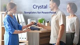  Presentation with receptionist - Audience pleasing slide deck consisting of advisory - young female receptionist with clients backdrop and a sky blue colored foreground