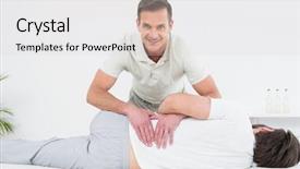  Presentation with physiotherapist - PPT theme consisting of aed - portrait of a smiling male background and a light gray colored foreground