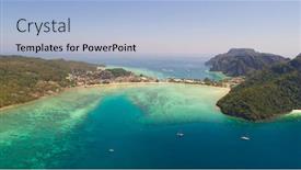  Presentation with resorts - Beautiful PPT theme featuring aerial drone photo of iconic tropical beach and resorts of phi phi island thailand backdrop and a light blue colored foreground