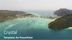  Presentation with resorts - Slide set consisting of aerial drone photo of iconic tropical beach and resorts of phi phi island thailand background and a ocean colored foreground