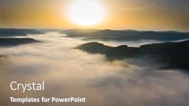  Presentation with golden light - Presentation design featuring aerial drone view of foggy sunrise over hills and mountains in transylvania - golden sun light with beams and shadows background and a coral colored foreground