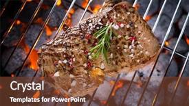  Presentation with grill - Slide set having aerial fire - delicious beef steak on grill background and a tawny brown colored foreground