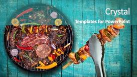  Presentation with food grill - Audience pleasing presentation theme consisting of aerial fire - top view of fresh meat backdrop and a teal colored foreground