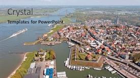  Presentation with city church - Presentation design having aerial-from-the-city-zaltbommel background and a light blue colored foreground