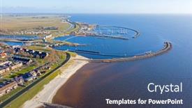  Presentation with city - Presentation design having aerial-from-the-harbor background and a ocean colored foreground