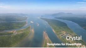  Presentation with strait - PPT theme having aerial panorama view on estuaries background and a gray colored foreground