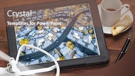  Presentation with rotor - PPT theme having aerial photography concept - reviewing aerial pictures of city residential area in snow on a digital tablet with a drone rotor and coffee screen picture copyright by the photographer background and a tawny brown colored foreground
