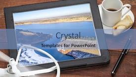  Presentation with rotor - Slide set enhanced with aerial photography concept - reviewing aerial pictures of the horsetooth reservoir on a digital tablet with a drone rotor and coffee screen picture copyright by the photographer background and a light blue colored foreground