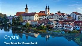  Presentation with pond - PPT theme enhanced with aerial-view-before-sunrise background and a ocean colored foreground