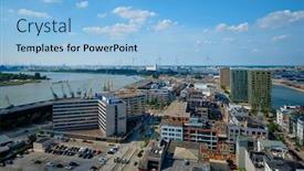  Presentation with port - Beautiful PPT theme featuring aerial-view-of-antwerp-city backdrop and a light blue colored foreground
