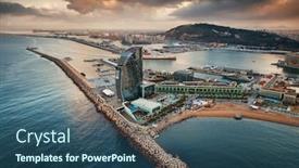  Presentation with coast - Audience pleasing theme consisting of aerial-view-of-barcelona-coast backdrop and a ocean colored foreground