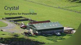 Presentation with farming irrigation canals tractor - Cool new PPT theme with aerial view of farm building backdrop and a  colored foreground