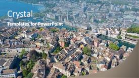 Presentation with financial center - PPT theme featuring aerial-view-of-limmat-river background and a teal colored foreground