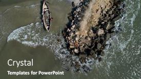  Presentation with fishing boat - Audience pleasing presentation theme consisting of aerial view of lonely wooden fishing boat at shore vadu romania backdrop and a dark gray colored foreground