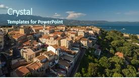  Presentation with view of the old port - Slide deck consisting of aerial view of porto-vecchio background and a teal colored foreground