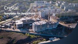  Presentation with construction cranes - Presentation design featuring aerial view of the construction site and cranes new apartment building in progress background and a gray colored foreground