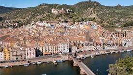  Presentation with colored - Slide deck featuring aerial-view-of-the-village background and a coral colored foreground