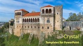  Presentation with knights - Amazing slide set having aerial view on medieval templar knights castle built on top of a hill leiria portugal backdrop and a tawny brown colored foreground