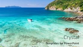  Presentation with white sand - Cool new presentation theme with aerial-view-point-of-tropical backdrop and a mint green colored foreground