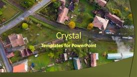  Presentation with station - Slide deck having aerial view of a small train station and houses arround background and a tawny brown colored foreground