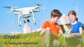  Presentation with drone - Cool new theme with aero - children operating of flying drone backdrop and a yellow colored foreground