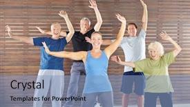 Presentation with seniors - Slides enhanced with aerobic dance - group of happy seniors dancing background and a light blue colored foreground