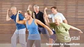  Presentation with learning journey - Slide set consisting of aerobic dance - happy senior people learning dancing background and a coral colored foreground