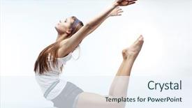  Presentation with stretching - PPT layouts enhanced with aerobic dance - young beautiful girl doing stretching background and a sky blue colored foreground