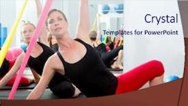  Presentation with aerobics - PPT theme consisting of aerobics pilates women group with rubber bands in a row at fitness gym background and a sky blue colored foreground