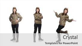  Presentation with pilot - Colorful presentation design enhanced with aeronautic - woman pilot isolated backdrop and a light gray colored foreground