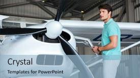  Presentation with airplane pilot - Cool new presentation theme with aeronautical engine - attractive young man pilot standing backdrop and a light blue colored foreground