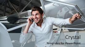  Presentation with aircraft engine - PPT theme with aeronautical engine - smiling attractive young man talking background and a  colored foreground