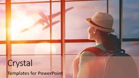  Presentation with landing plane at an airport - Beautiful slide set featuring aeroport - young beautiful woman looks backdrop and a coral colored foreground