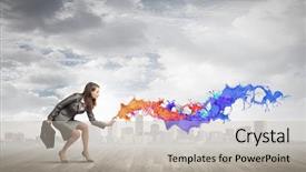  Presentation with aerosol - PPT theme consisting of aerosol - businesswoman spraying colorful paint splashes background and a mint green colored foreground