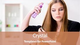  Presentation with real woman hair texture human - Amazing PPT theme having aerosol - young woman spraying hair polish backdrop and a coral colored foreground