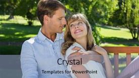  Presentation with relaxing - PPT layouts consisting of affectionate couple relaxing on park bench together smiling at each other on a sunny day background and a light blue colored foreground