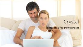  Presentation with laptop - Slide deck featuring affectionate couple using a laptop lying in the bed at home background and a lemonade colored foreground