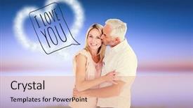  Presentation with purple green - PPT theme with affectionate man kissing his wife on the cheek against green grass under blue and purple sky background and a coral colored foreground