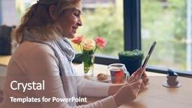  Presentation with healthy workplace full length side view - PPT theme having affectionate mature woman using tablet background and a  colored foreground