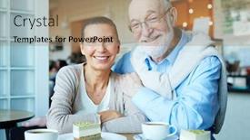  Presentation with cafeteria - Amazing PPT theme having affectionate seniors lookking at camera while sitting in cafeteria backdrop and a coral colored foreground