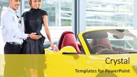  Presentation with auto dealership - Presentation design with affluent - asian couple choosing luxury sports background and a yellow colored foreground