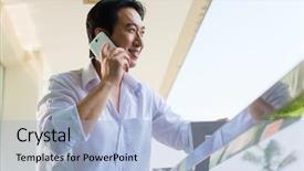  Presentation with asian - Presentation theme having affluent - asian man telephoning on home background and a light blue colored foreground