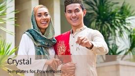  Presentation with house key - Presentation theme featuring affluent - asian muslim man and woman background and a coral colored foreground
