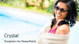  Presentation with wearing swimming goggles and cap - Slide set consisting of affluent - asian woman after swimming background and a cool aqua colored foreground