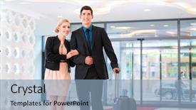  Presentation with lobby - Slide deck with affluent - man and woman arriving background and a light blue colored foreground