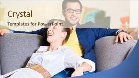  Presentation with get together - Amazing PPT theme having affluent - young couple selecting together sofa backdrop and a cream colored foreground