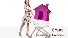  Presentation with mortgage - Presentation theme with affordable rent - young woman in housing mortgage background and a light gray colored foreground