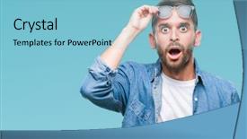  Presentation with young man wearing a hat - Audience pleasing PPT layouts consisting of afraid and shocked with surprise backdrop and a light blue colored foreground