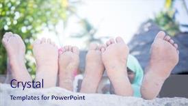 Presentation with poor children - Slide set consisting of children's feet together on beach background and a sky blue colored foreground