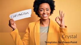 Presentation with capitalism - PPT theme featuring african-american-afro-businesswoman background and a gold colored foreground